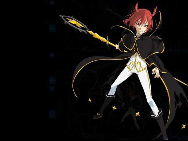 Anime picture 1600x1200 with houkago no pleiades minato (houkago no pleiades) single looking at viewer short hair red eyes red hair horn (horns) light smile black background boy uniform earrings star (symbol) cloak military uniform staff