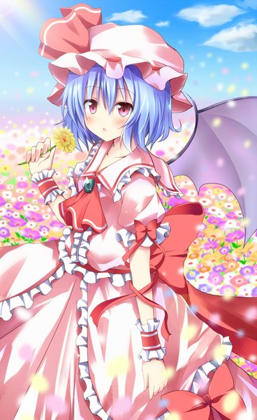 Anime picture 1215x1977 with touhou remilia scarlet hyurasan single tall image looking at viewer blush short hair open mouth blue hair sky cloud (clouds) pink eyes girl dress flower (flowers) petals wings frills bonnet