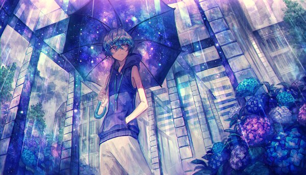 Anime picture 1200x689 with original mura karuki single fringe short hair hair between eyes wide image standing purple eyes blue hair looking away rain hand in pocket summer starry sky print space print double exposure boy flower (flowers) plant (plants)