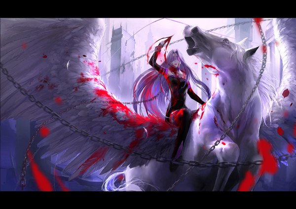 Anime picture 1769x1253 with fate (series) fate/stay night studio deen type-moon rider kzcjimmy single long hair highres breasts open mouth sitting bare shoulders purple hair very long hair lips tattoo letterboxed pale skin bloody clothes