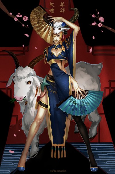 Anime picture 1366x2052 with jojo no kimyou na bouken kujo jolyne canto long hair tall image looking at viewer fringe black hair blonde hair standing yellow eyes cleavage braid (braids) nail polish traditional clothes multicolored hair arm up horn (horns) fingernails hair over one eye