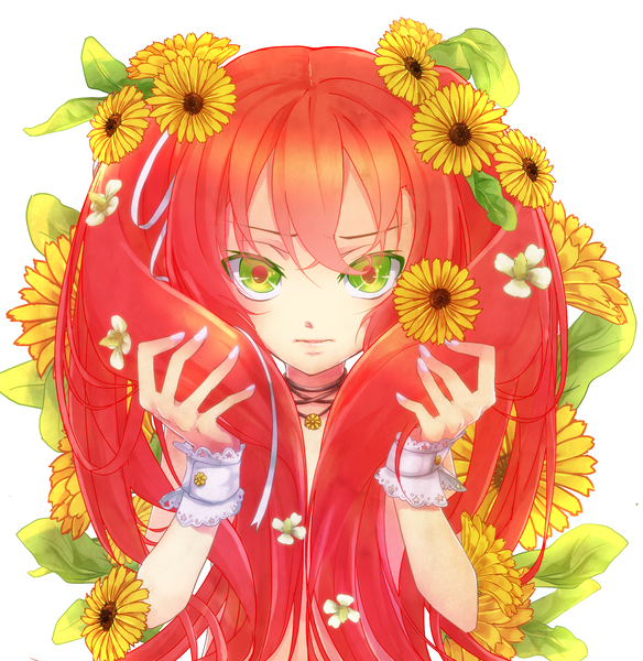 Anime picture 1764x1812 with original gudon (syotakond) single long hair tall image looking at viewer fringe highres simple background hair between eyes white background twintails holding green eyes upper body red hair nail polish hair flower fingernails lips