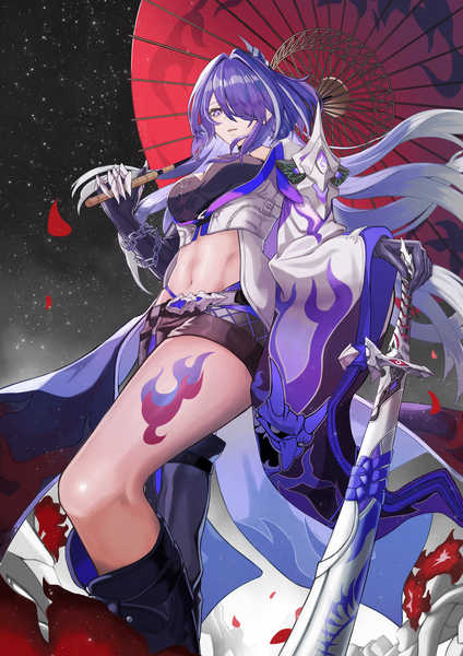 Anime picture 2975x4210 with honkai: star rail honkai (series) acheron (honkai: star rail) buania nyang single long hair tall image fringe highres breasts open mouth large breasts purple eyes holding looking away purple hair night wide sleeves from below midriff