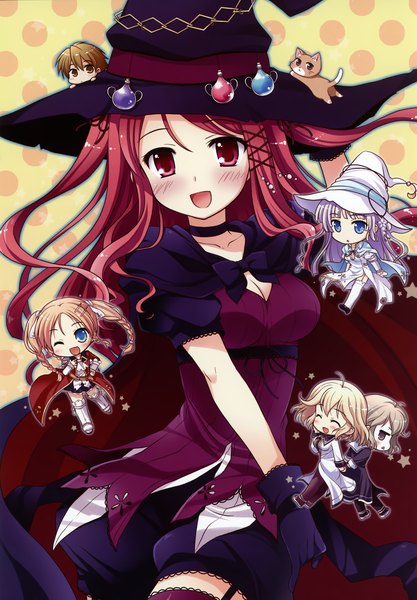 Anime picture 2087x2999 with witch's garden hinomiya ayari yukimura suzuno hatano ririko saimon misumi saimon eclair aona masao long hair tall image looking at viewer blush highres open mouth red eyes pink hair scan chibi witch girl dress