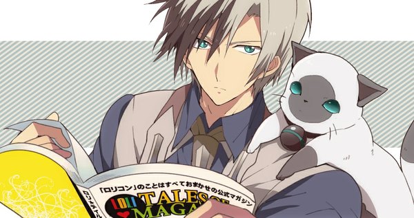 Anime picture 896x474 with tales of (series) tales of xillia tales of xillia 2 ludger will kresnik lulu (tales) nic (kevin) single looking at viewer short hair black hair wide image multicolored hair aqua eyes from above grey hair two-tone hair animal on shoulder boy animal cat