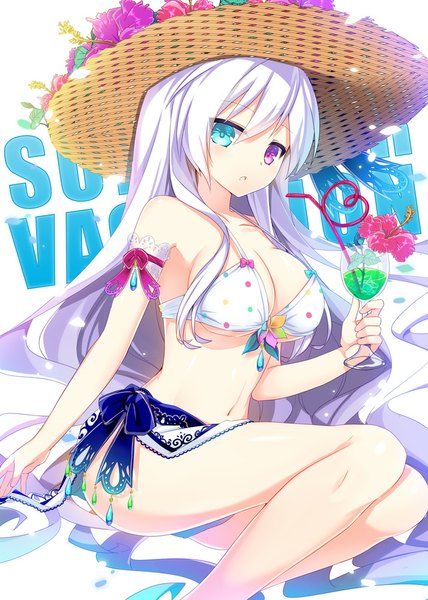 Anime picture 713x1000 with original nyori single long hair tall image looking at viewer blush breasts light erotic large breasts sitting purple hair :o heterochromia girl flower (flowers) swimsuit hat bikini straw hat