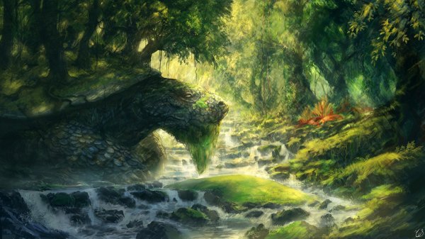 Anime picture 1200x675 with original you shimizu wide image no people fantasy river nature god plant (plants) tree (trees) water forest stone (stones) vines scales turtle moss