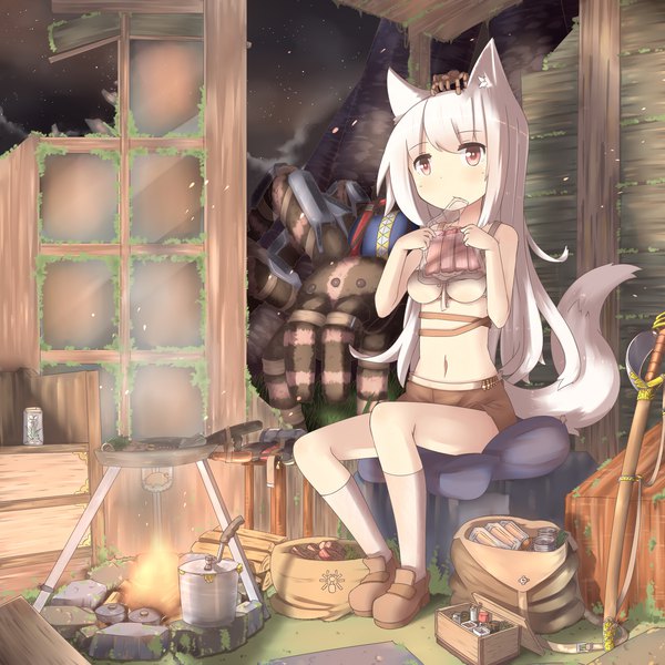 Anime picture 1920x1920 with original hinbackc single long hair fringe highres light erotic hair between eyes red eyes sitting holding animal ears looking away silver hair full body tail animal tail sleeveless fox ears mouth hold