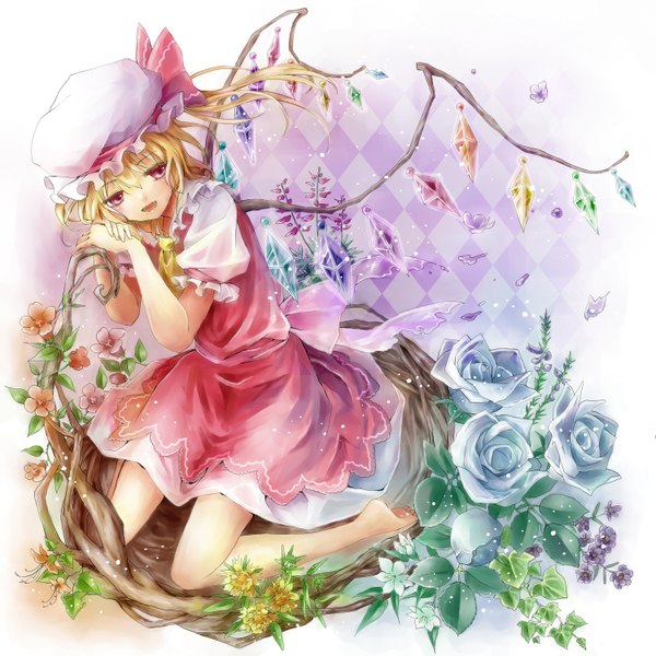 Anime picture 1500x1500 with touhou flandre scarlet meutan131 single short hair open mouth blonde hair red eyes looking away ponytail barefoot wind kneeling side ponytail rhombus girl flower (flowers) wings rose (roses) bonnet