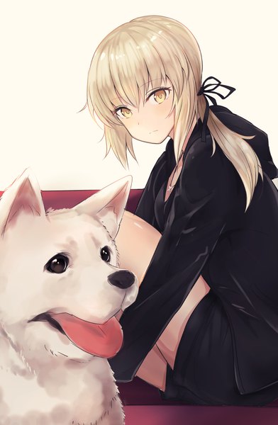 Anime picture 762x1167 with fate (series) fate/grand order fate/stay night artoria pendragon (all) saber saber alter cavall the 2nd 14sai bishoujo (shoutarou) long hair tall image looking at viewer fringe simple background blonde hair hair between eyes white background sitting yellow eyes bent knee (knees) open jacket