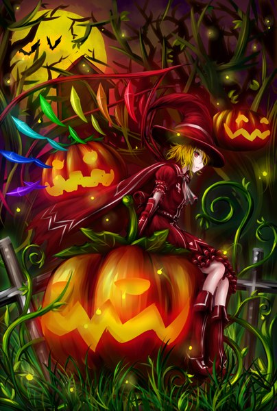 Anime picture 2022x2999 with touhou flandre scarlet horai no han gengetsu tall image highres short hair blonde hair red eyes sitting halloween girl dress plant (plants) wings boots moon witch hat vegetables jack-o'-lantern bat