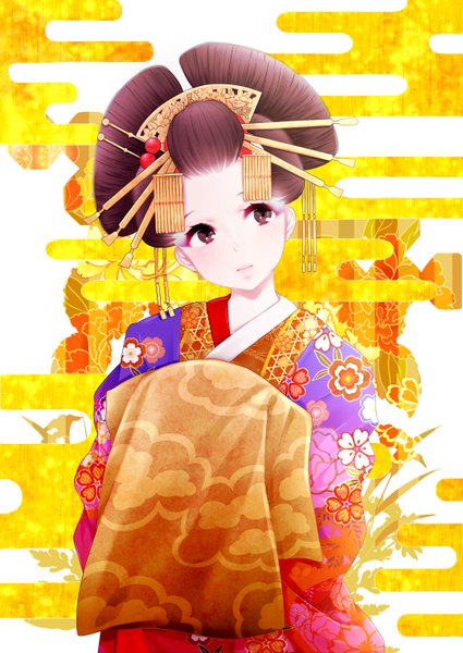 Anime picture 2149x3035 with original fuu (07199382) single tall image blush highres brown eyes looking away traditional clothes japanese clothes floral print looking up eyeshadow dark hair girl hair ornament hairpin (hairpins)