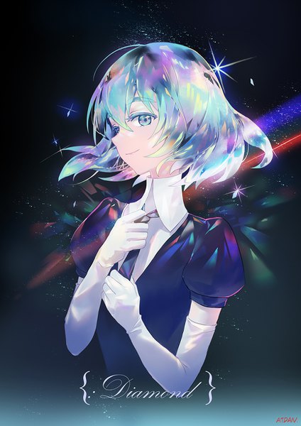 Anime picture 868x1228 with houseki no kuni diamond (houseki no kuni) atdan single tall image fringe short hair smile hair between eyes signed upper body aqua eyes aqua hair sparkle puffy sleeves character names black background androgynous adjusting clothes adjusting necktie