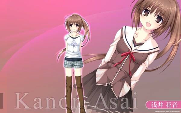 Anime picture 1680x1050 with g senjou no maou asai kanon long hair open mouth brown hair wide image brown eyes pink background girl serafuku