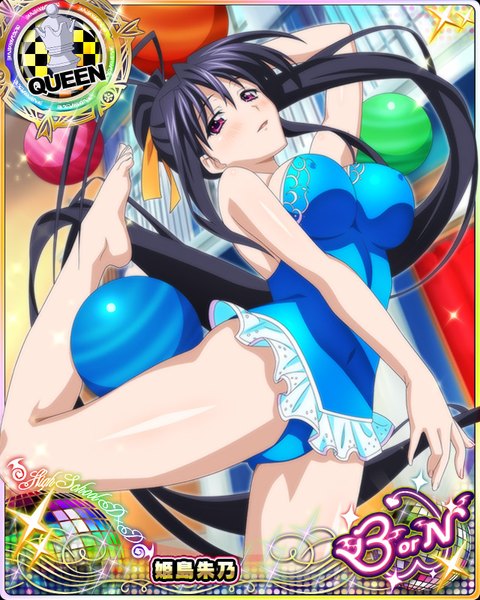 Anime picture 640x800 with highschool dxd himejima akeno single tall image looking at viewer blush breasts light erotic black hair large breasts purple eyes ponytail very long hair barefoot bare legs legs card (medium) girl leotard ball