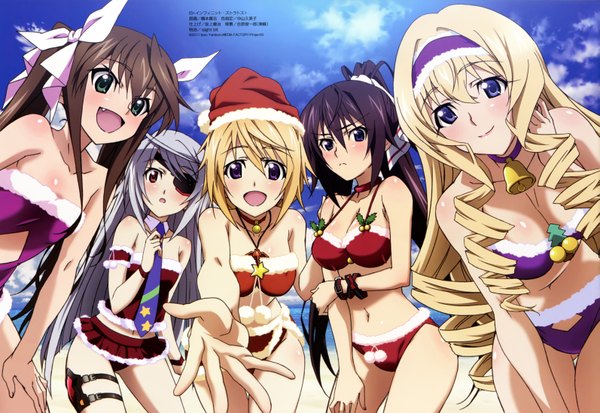 Anime picture 6373x4391 with infinite stratos megami magazine 8bit charles dunois laura bodewig cecilia orcott shinonono houki fang linyin hashimoto takayoshi long hair looking at viewer blush highres open mouth blue eyes light erotic blonde hair smile red eyes brown hair