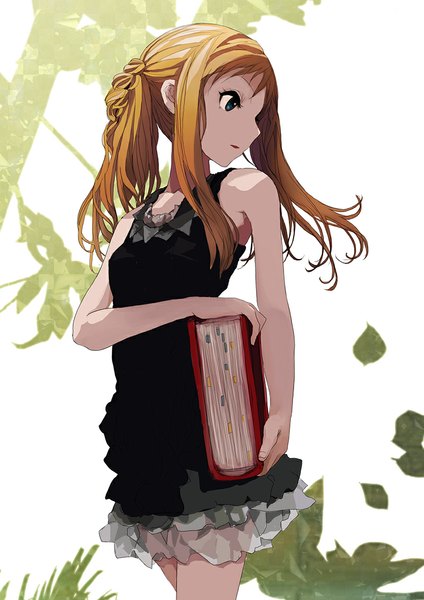 Anime picture 800x1133 with original nishinogi single long hair tall image blue eyes blonde hair standing bare shoulders holding looking away ponytail parted lips profile girl dress black dress book (books) leaf (leaves) short dress