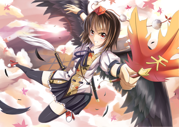 Anime picture 2480x1754 with touhou shameimaru aya nugi (armenci) single highres short hair red eyes brown hair girl thighhighs dress black thighhighs wings leaf (leaves) fan pom pom (clothes) hauchiwa