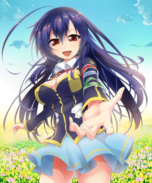 Anime picture 1200x1449 with medaka box gainax kurokami medaka miraisen single long hair tall image looking at viewer blush open mouth light erotic smile red eyes blue hair sky cloud (clouds) ahoge outstretched arm girl uniform