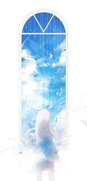Anime picture 1300x2700 with original cui (jidanhaidaitang) single long hair tall image simple background standing white background bare shoulders sky cloud (clouds) white hair wind from behind crescent partially colored girl dress animal window