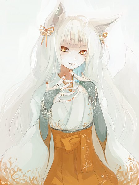 Anime picture 768x1024 with original batta (kanzume quality) single long hair tall image looking at viewer fringe smile animal ears yellow eyes white hair tail long sleeves nail polish traditional clothes parted lips japanese clothes animal tail wide sleeves fox ears