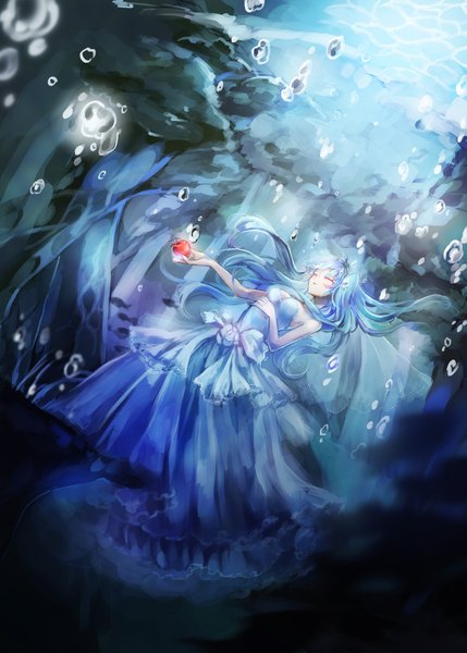 Anime picture 1429x2000 with vocaloid hatsune miku eim single long hair tall image bare shoulders blue hair eyes closed underwater girl dress bubble (bubbles) fruit apple