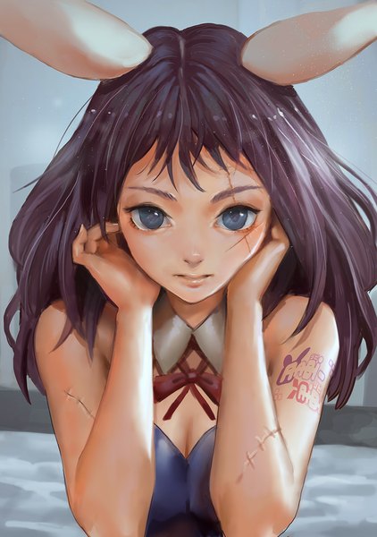 Anime picture 774x1100 with rabi-ribi erina (rabi-ribi) canking single long hair tall image looking at viewer blue eyes bare shoulders animal ears purple hair tattoo bunny ears copyright name sleeveless facial mark scar eyebrows hands on face girl