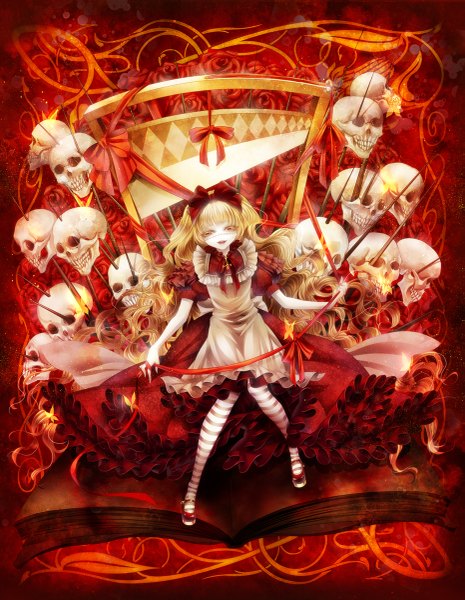 Anime picture 931x1200 with original rinko (mg54) single long hair tall image open mouth blonde hair yellow eyes scar girl dress bow ribbon (ribbons) hair bow frills book (books) skull