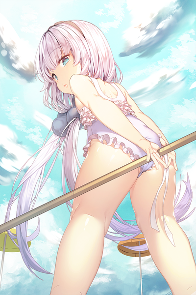 Anime picture 666x999 with kobayashi-san chi no maidragon kyoto animation kanna kamui aile (crossroads) single long hair tall image looking at viewer fringe blue eyes light erotic hair between eyes standing twintails holding pink hair sky cloud (clouds) ass looking back