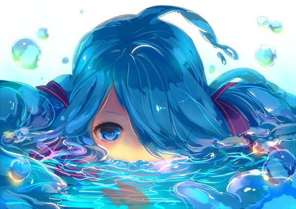Anime picture 1000x707 with vocaloid hatsune miku bottle miku aoi (kirabosi105) single long hair looking at viewer fringe blue eyes blue hair hair over one eye liquid hair girl water fish (fishes)