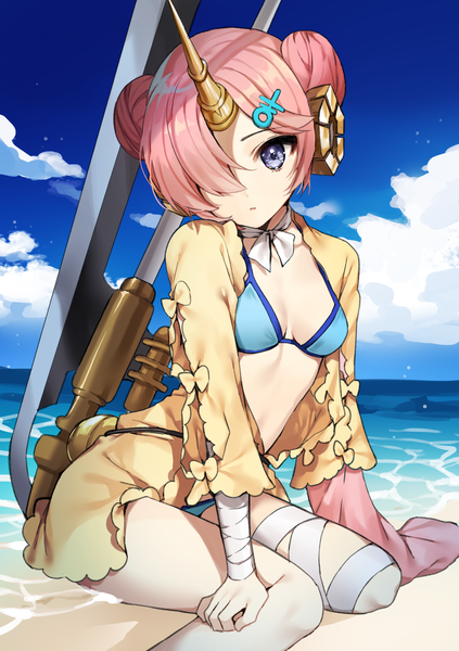 Anime picture 1062x1505 with fate (series) fate/apocrypha frankenstein's monster (fate) frankenstein's monster (swimsuit saber) (fate) gambe single tall image looking at viewer fringe short hair open mouth light erotic sitting purple eyes pink hair sky cloud (clouds) bent knee (knees) outdoors head tilt