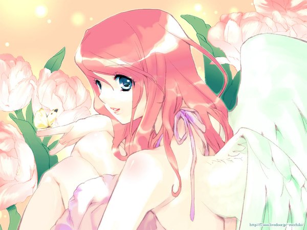 Anime picture 1024x768 with 888 blue eyes pink hair floral background flower (flowers) wings