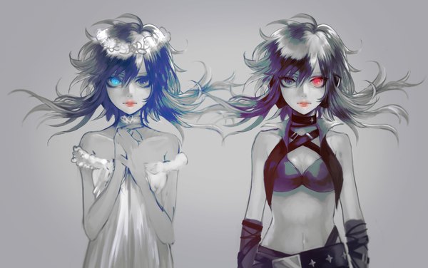 Anime picture 1024x642 with tagme (copyright) dekooop long hair looking at viewer blue eyes red eyes bare shoulders multiple girls grey hair grey background grey eyes lipstick heterochromia gradient background girl navel 2 girls wreath