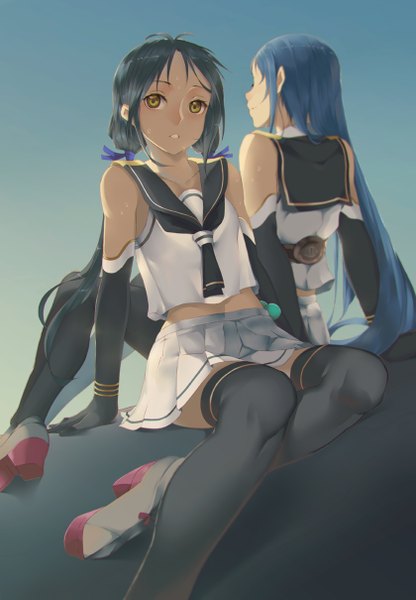 Anime picture 840x1210 with kantai collection samidare destroyer suzukaze destroyer viola (seed) long hair tall image looking at viewer fringe black hair twintails bare shoulders multiple girls yellow eyes blue hair bent knee (knees) pleated skirt lips from behind blurry arm support