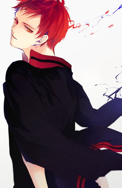 Anime picture 520x800 with kuroko no basket production i.g akashi seijuurou hanamori single tall image looking at viewer short hair simple background upper body red hair looking back from behind heterochromia clothes on shoulders boy