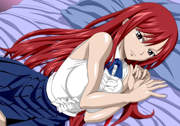 Anime picture 1200x841 with fairy tail erza scarlet single long hair looking at viewer fringe breasts large breasts bare shoulders brown eyes red hair lying from above crossed arms girl skirt bowtie pillow bed blouse