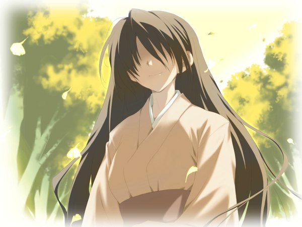 Anime picture 1600x1200 with happy margaret kitanoji nozomi kokonoka single long hair smile brown hair game cg traditional clothes japanese clothes from below autumn hair over eyes girl plant (plants) tree (trees) kimono leaf (leaves) autumn leaves ginkgo