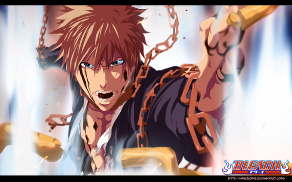 Anime picture 1110x694 with bleach studio pierrot kurosaki ichigo iawessome single short hair open mouth wide image brown eyes traditional clothes japanese clothes orange hair inscription coloring torn clothes light muscle angry boy kimono