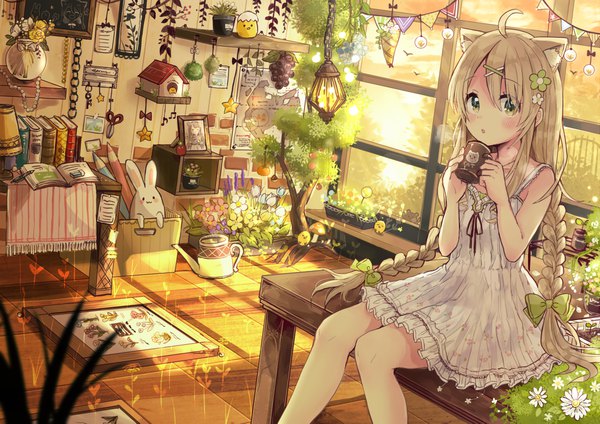 Anime picture 2067x1461 with original sakura oriko single long hair looking at viewer blush fringe highres blonde hair sitting holding green eyes animal ears ahoge bent knee (knees) indoors braid (braids) cat ears :o twin braids