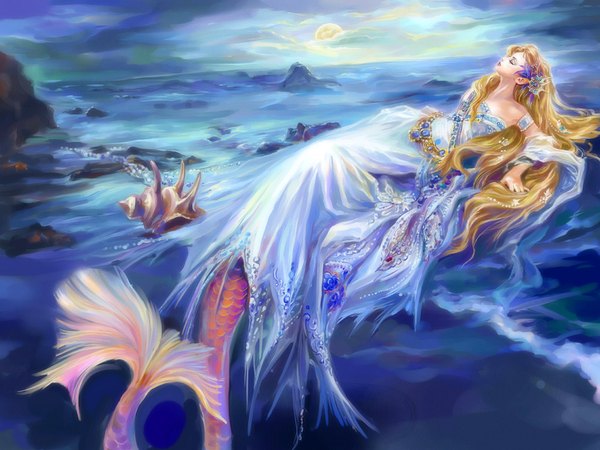 Anime picture 1600x1200 with cardfight!! vanguard the surface siren rong rong (shenhaiyuyou) single long hair blonde hair tail lying eyes closed lips girl dress flower (flowers) water sea star (stars) jewelry wave (waves) mermaid seashell
