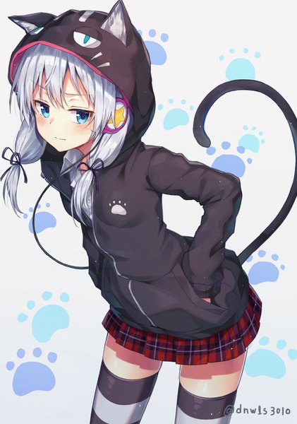 Anime picture 898x1280 with original huwari (dnwls3010) single long hair tall image looking at viewer blush fringe blue eyes standing twintails signed silver hair tail long sleeves animal tail cat tail leaning zettai ryouiki leaning forward