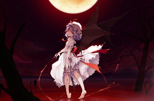 Anime picture 1600x1050 with touhou remilia scarlet ke-ta single short hair red eyes blue hair looking back from behind night red moon girl dress plant (plants) wings tree (trees) headdress blood full moon