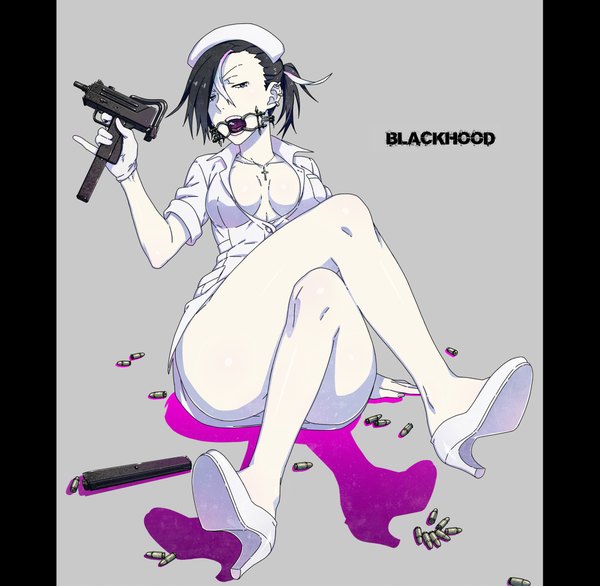 Anime picture 2200x2149 with original black hood (original character) kamezaemon single highres short hair open mouth light erotic black hair sitting cleavage white hair ponytail multicolored hair inscription two-tone hair shadow grey eyes high heels legs