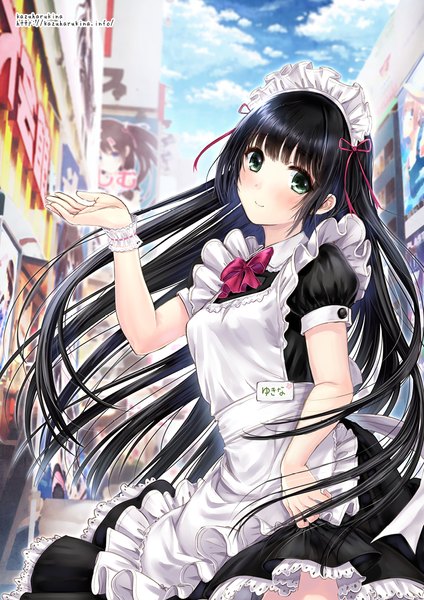 Anime picture 827x1169 with original kazuharu kina single long hair tall image looking at viewer blush blue eyes black hair smile maid girl dress uniform frills headdress maid headdress