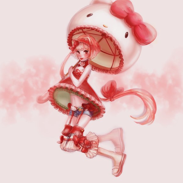 Anime picture 1200x1200 with hello kitty vocaloid sanrio nekomura iroha jugo (artist) blush short hair red eyes animal ears pink hair lips girl bow shorts thigh boots umbrella