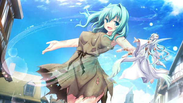 Anime picture 1280x720 with tenbin no la dea eushully long hair looking at viewer blush open mouth blue eyes wide image blue hair game cg fantasy fairy dancing girl dress
