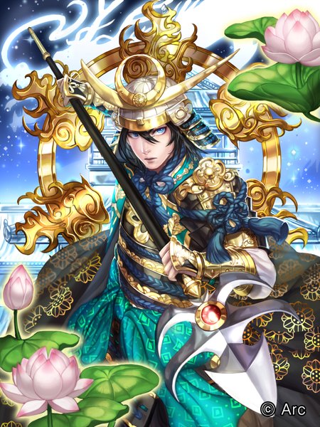 Anime picture 1440x1920 with bbbox (hotpppink) single tall image looking at viewer short hair blue eyes black hair traditional clothes japanese clothes lips boy flower (flowers) weapon armor helmet spear vambraces water lily