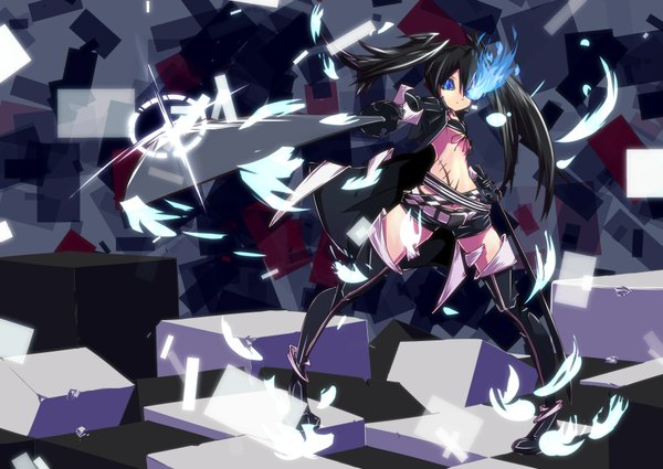 Anime picture 1770x1254 with black rock shooter black rock shooter (character) single long hair highres blue eyes black hair twintails glowing scar glowing eye (eyes) girl thighhighs weapon sword shorts