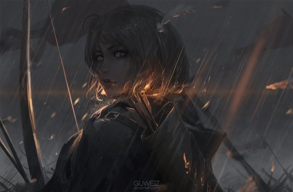 Anime picture 1200x786 with guweiz single looking at viewer short hair black hair green eyes upper body lips rain girl weapon bow (weapon)
