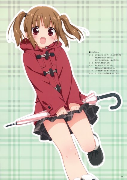 Anime picture 2147x3038 with original kani biimu single tall image blush highres short hair open mouth red eyes brown hair twintails loli short twintails closed umbrella girl skirt miniskirt jacket umbrella